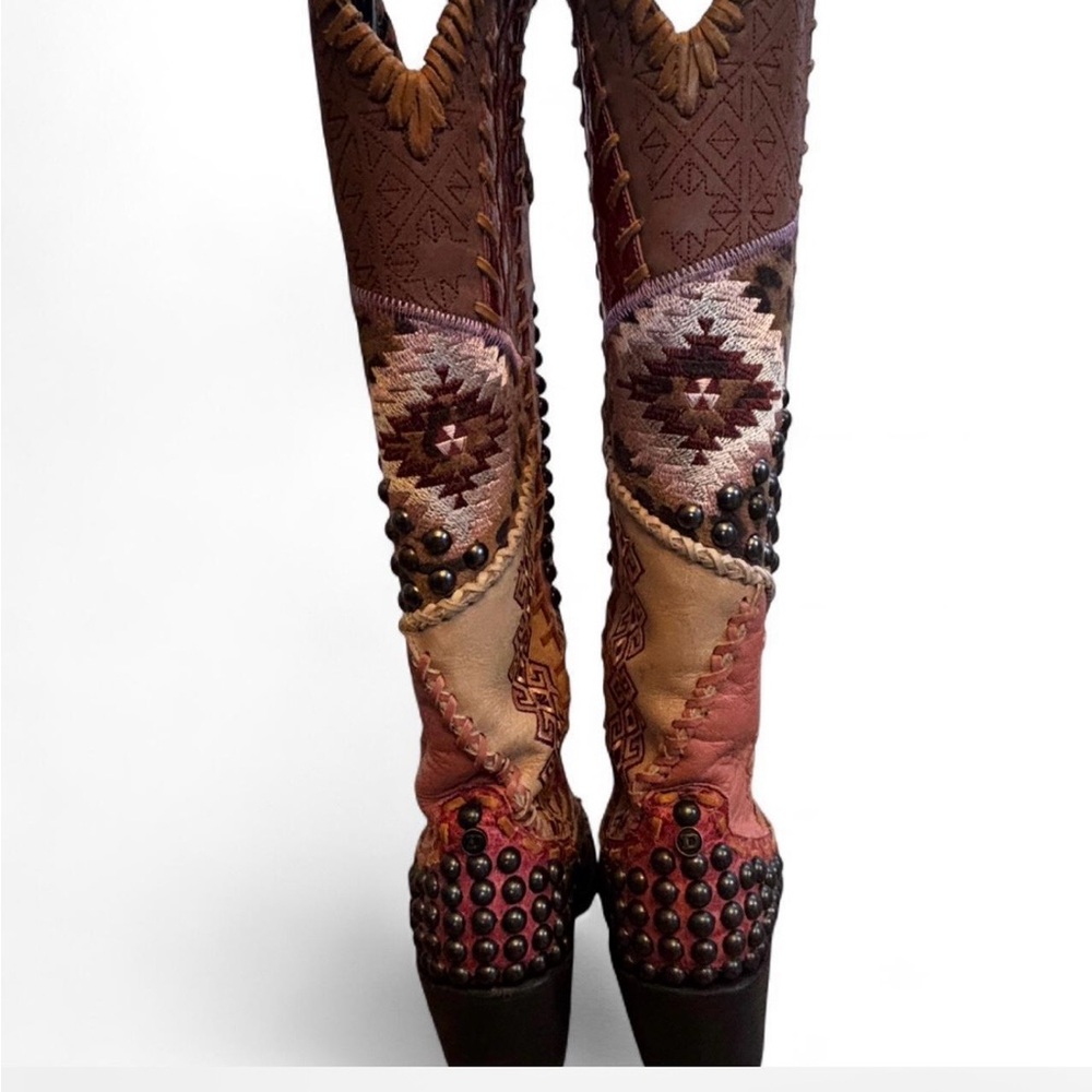 Patchwork Studded Knee-High Boots - Pink Brown - Picture 5 of 7